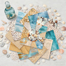 Collage of textured paper with beach theme surrounded by seashells on a light background