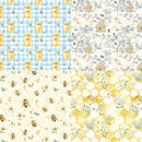 Four different bee-themed fabric patterns arranged in a grid.