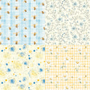 Collection of fabric patterns with bees, flowers, and checkered designs.
