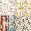 Set of four fabric swatches with animal patterns including rabbits, giraffes, owls, and squirrels.