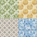 Four different patterned tiles in green, gold, gray, and blue.