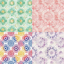 Four different floral patterned backgrounds in various colors.