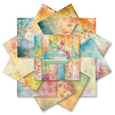 Set of colorful scrapbooking paper sheets with a brand label on a white background