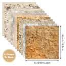 Set of 12 different textured paper sheets with dimensions and design count on a white background