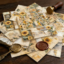 Decorative paper with sunflower design and wax seals on a wooden surface