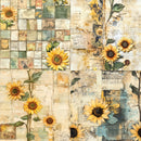 Collage of sunflowers on a textured background with vintage elements.