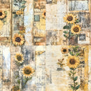 Collage of sunflowers on a textured background with vintage elements.