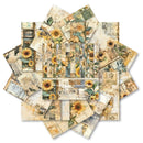 Collection of sunflower-themed paper sheets with vintage design elements on a white background