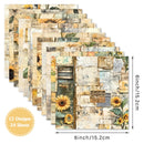 Set of 24 paper sheets with sunflower designs and measurements on a white background