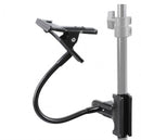 Camera tripod with flexible arm and clamp on a white background
