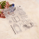 Decorative stamps with lanterns and floral elements on a textured surface.