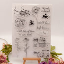 Clear stamp set with various designs and text on a white background