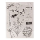 Clear stamp set with various designs including flowers, arrows, and text on a white background.