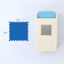 Color swatch with a blue square and a beige pouch with a blue flap on a light gray background.
