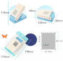 Measurement chart of a paper puncher and foam mat with dimensions.