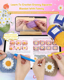 Crochet kit with yarn, hooks, and pattern guide on a colorful background