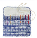 Knitting needle case with colorful needles and elephant pattern on a white background