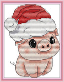 Cross-stitched design of a pig wearing a red hat and goggles on a white background.
