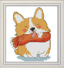 Cross-stitched design of a corgi dog on a white background