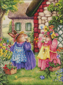 Two animated bunnies in a garden with a house in the background