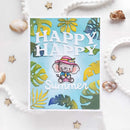 Card with a cartoon elephant, palm leaves, and 'Happy Happy Summer' text on a white background with shells and stars.