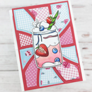 Colorful card with a mason jar design featuring strawberries and blueberries on a patterned background.