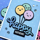 Happy Birthday card with colorful balloons on a blue background