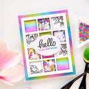 Colorful card with 'hello hugs and kisses' text and various designs on a white background.