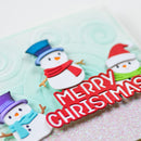 Decorative Christmas sign with snowmen and 'Merry Christmas' text on a textured background.