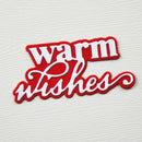 Red and white 'warm wishes' text patch on a textured white background