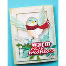 Greeting card with a bird wearing a red scarf and 'warm wishes' text on a blue background
