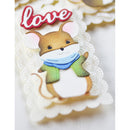 Animated mouse character with a blue scarf and green coat on a white lace background with 'love' text.