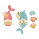 Two mermaid-themed gnomes with fish and a trident on a white background