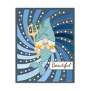 Mermaid gnome with trident on a blue and gray background with 'Beautiful' text