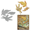Metal leaf cutters with a card featuring stamped leaves and 'Good Luck' text on a white background.