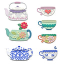 Set of colorful teapot and tea cup-shaped cutouts on a white background