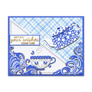 Decorative card with blue teacups and checkered pattern on a white background