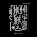 Set of metal dies with decorative shapes and measurements on a black background
