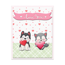 Valentine's Day card with cartoon huskies holding hearts and a 'Love You' banner.