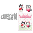 Set of dog-shaped stamps with hearts and a card featuring the same design on a white background.