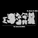 Set of dog-shaped metal cutting dies with dimensions on a black background