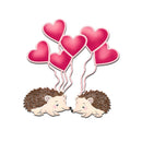Two cartoon hedgehogs holding pink heart-shaped balloons on a white background