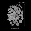 Decorative metal cutting dies with floral and leaf designs and dimensions on a black background