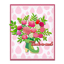 Card with floral design and green boot, featuring 'Thanks so much' text on a pink polka dot background.