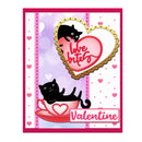 Valentine's Day card with black cats in a teacup and 'Love Bites Valentine' text.
