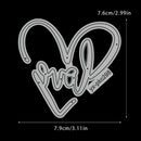 Heart-shaped metal cutting die with 'love' text and dimensions on a black background
