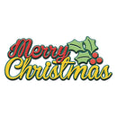 Merry Christmas text with holly leaves and berries on a white background