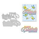 Metal cutting dies with 'Happy Valentine's Day' and butterfly designs, alongside a matching card.