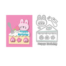 Happy Birthday card with a rabbit on a cake and a metal die cut with a similar design.