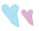 Two heart-shaped objects, one blue and one pink, on a white background.